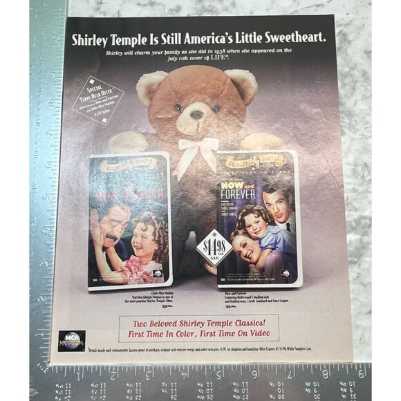 Shirley Temple VHS Release Print Ad Vintage 90s Little Miss Marker Now & Forever - Picture 2 of 5